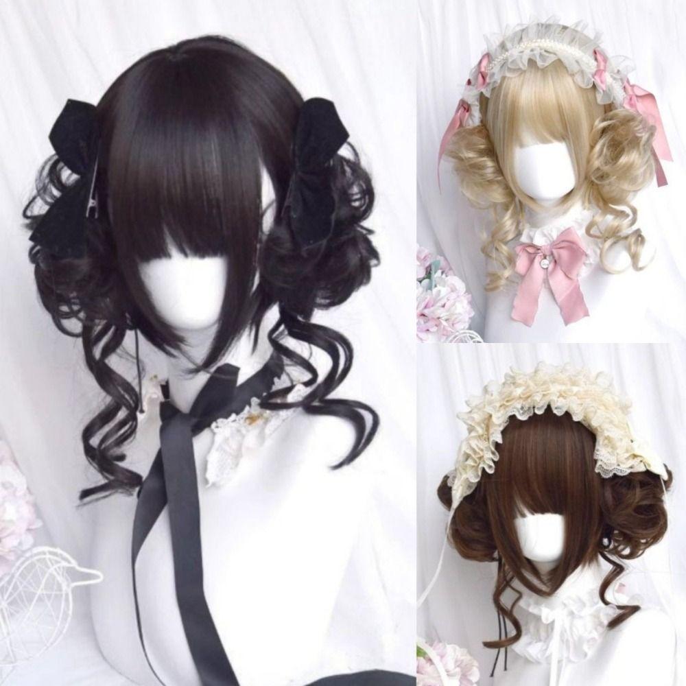 Synthetic Lolita Wig with Bangs Blonde Flower Bun Head Wig Short Curly Double Ponytail Bun Girl