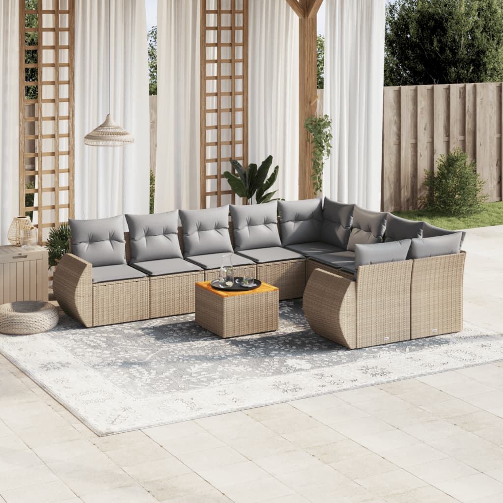 10 piece garden sofa set with cushions beige poly rattan