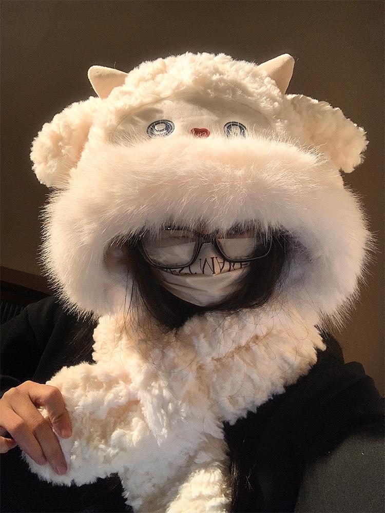 Милая шерстяная плюшевая шапка-шарф, интегрированная для женщин, корейская версия, на осень и зиму, утолщенная, теплая, студенческая шапка для защиты ушей, тренд