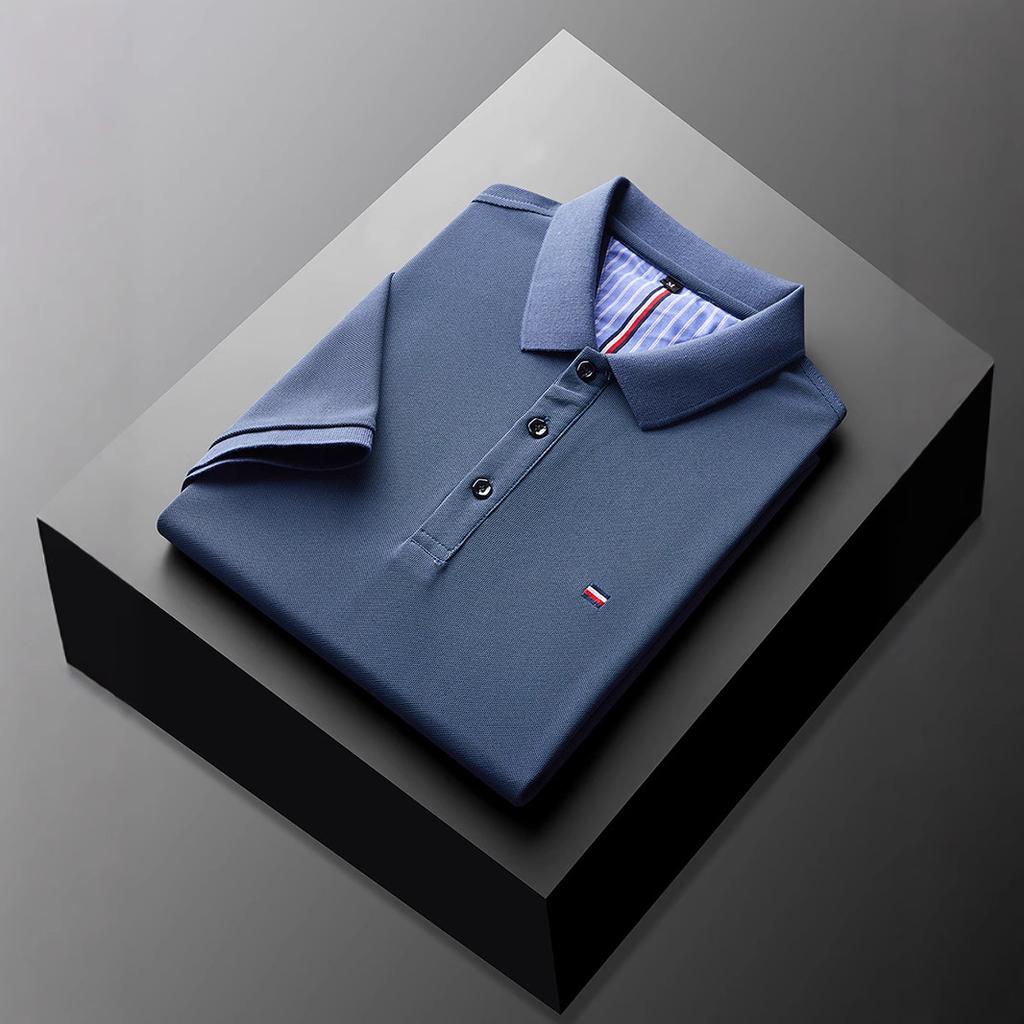 Мужская рубашка поло с коротким рукавом, однотонная, с лацканами, дышащая, деловая, повседневная, синяя футболка