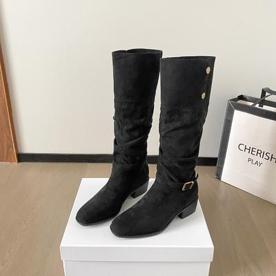 [Новинки осени и зимы] Круглый носок, квадратный каблук, сапоги-рыцари с ремешком и пряжкой, ретро, универсальные и стройнящие, сапоги на устойчивом каблуке, не утомляют