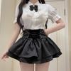 High-Waisted Retro Black Balloon Skirt with Double-Layer Elegant Shirt