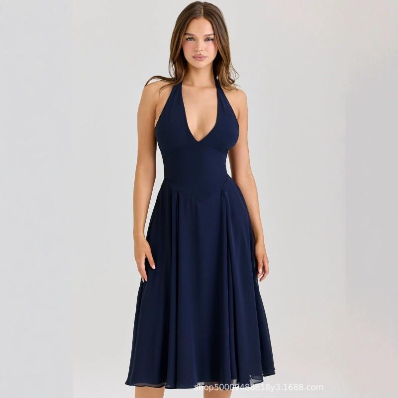 House Style French Vintage Halter V-Neck Sexy Backless Chiffon Maxi Dress Women