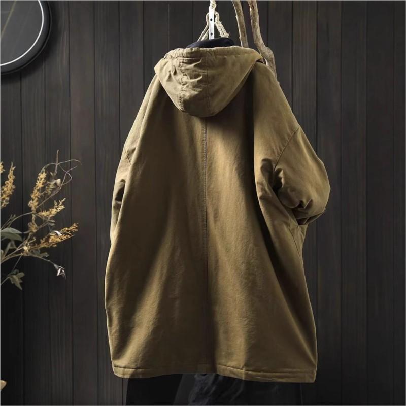 Johnature Women Vintage Hooded Warm Winter Solid Color Button Pockets Coats
