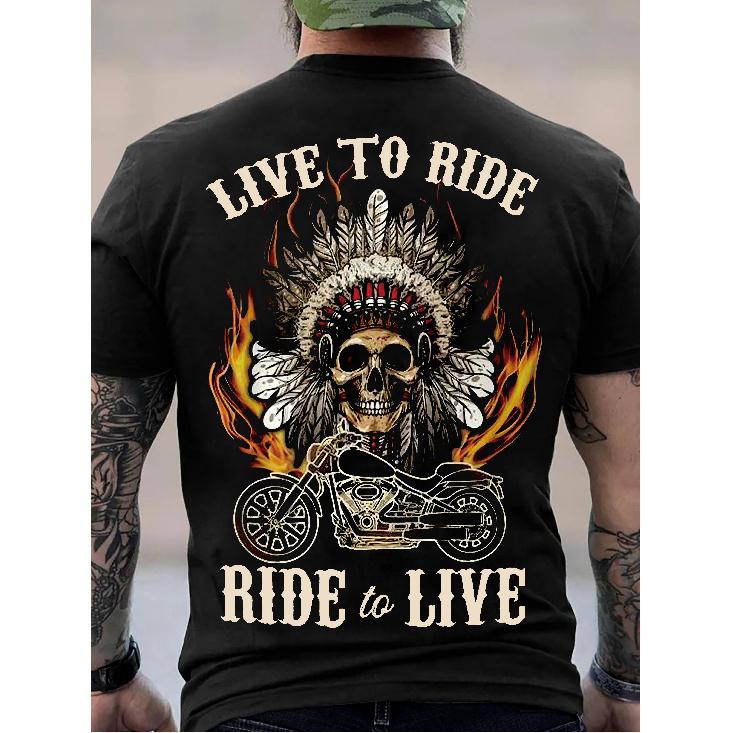 Men's Plus Size Live to Ride Motorcycle T-Shirt - Culture Apparel with Skull & Feather Motorcycle Design, Soft Cotton Crew Neck Short Sleeve Tee for