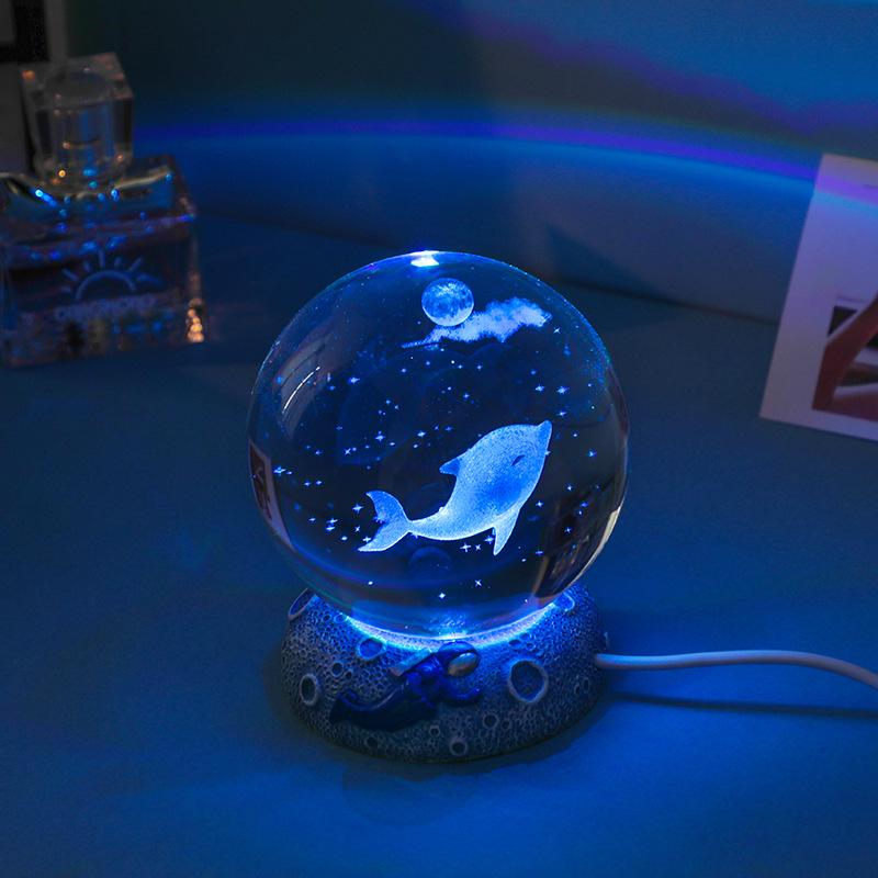 3D Резная Хрустальная Сфера Дельфин Ночник Украшение - USB Настольное Украшение и Подарок на День Рождения