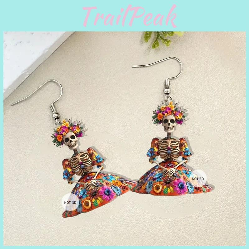 Halloween And Flower Skull Pattern Women Earrings For Celebration Festival