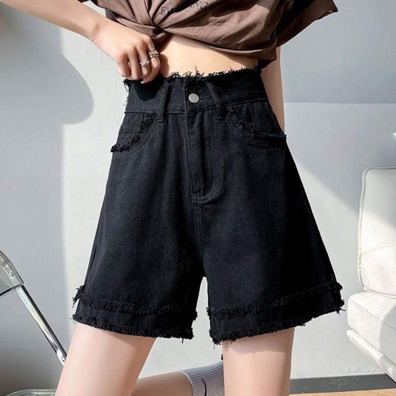 Black Denim Shorts Women's Versatile Summer Thin A-line High Waist Loose Fit Slimming Edge Cropped Pants