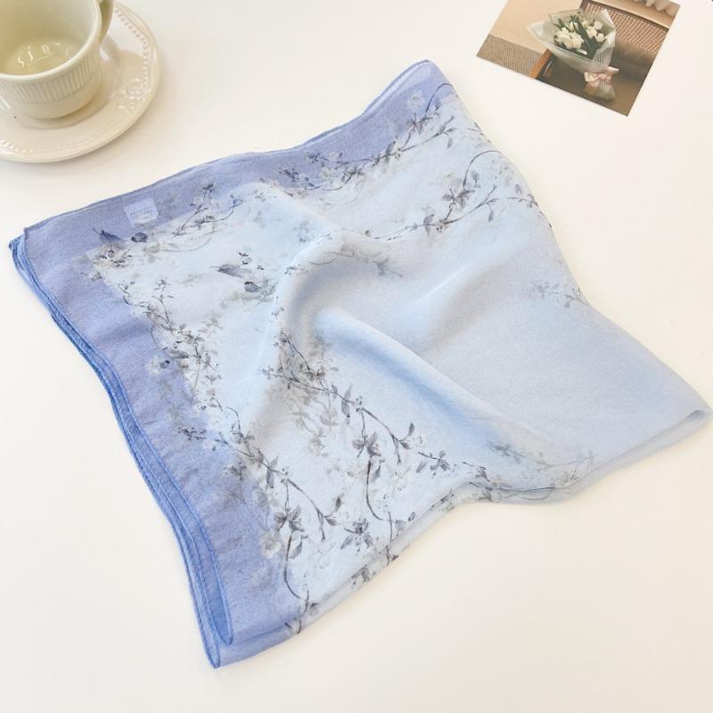 Весенне-летний синий цветочный универсальный тонкий маленький шелковый шарф женский шелк тутового дерева модный для защиты шеи маленький квадратный шарф шарф