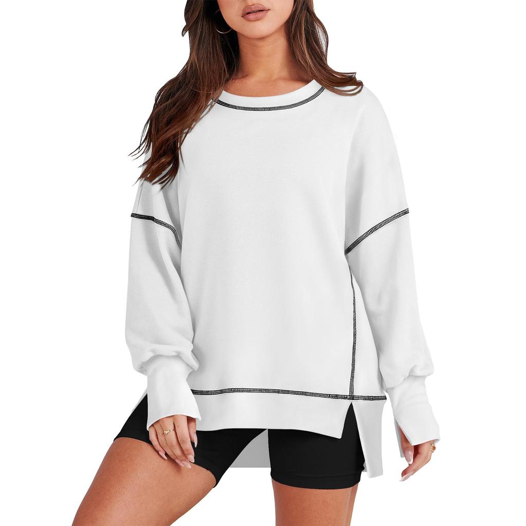 Women's Casual Loose Fitting Pullover Sweatshirt Solid Color Split Stitch Long Sleeved Sweatshirt
