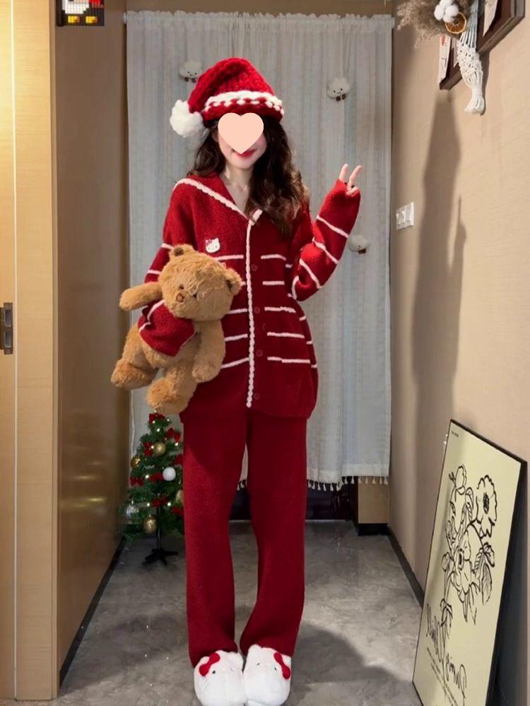 Женская бархатная домашняя пижама в корейском стиле, утолщенный комплект больших размеров для осени и зимы с рождественским настроением.