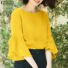 Women Casual Round Neck Loose 3/4 Sleeve Plain Blouse