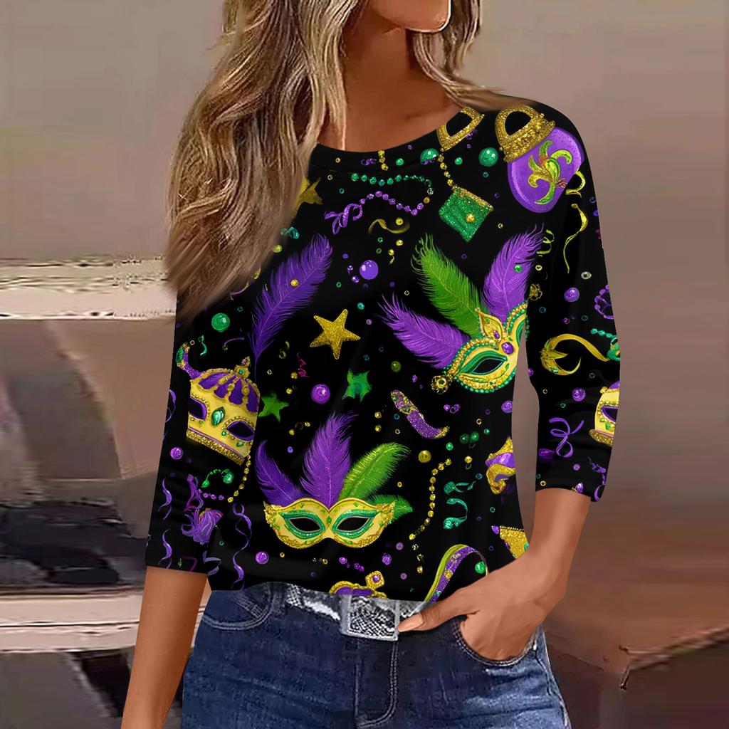 3/4 Length Sleeve Womens Tops Floral Print Vintage Fashion Casual Loose With Round Neck Plus Size Shirts