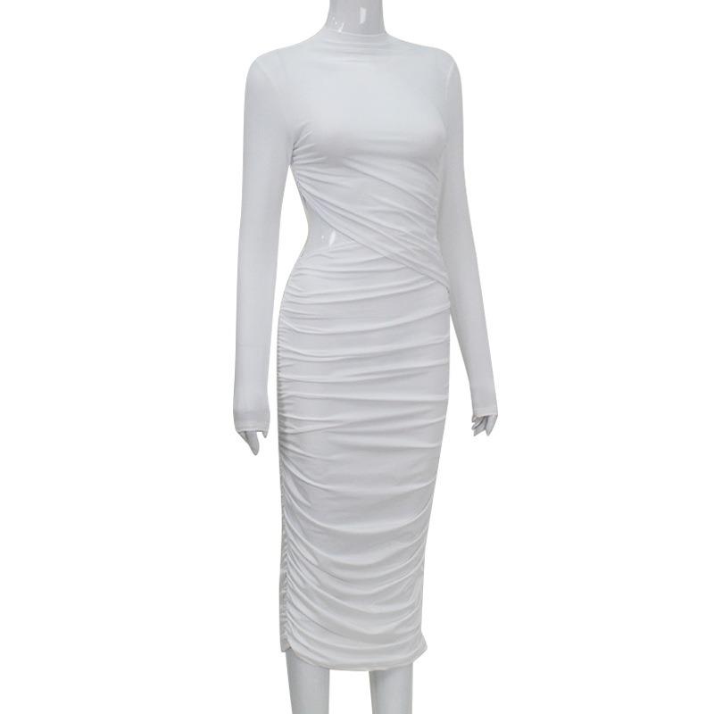 Женское однотонное платье с круглым вырезом и длинными рукавами, плиссированное, в стиле пэчворк, с сумкой-хип, сексуальное, для вечеринки Spice Girl