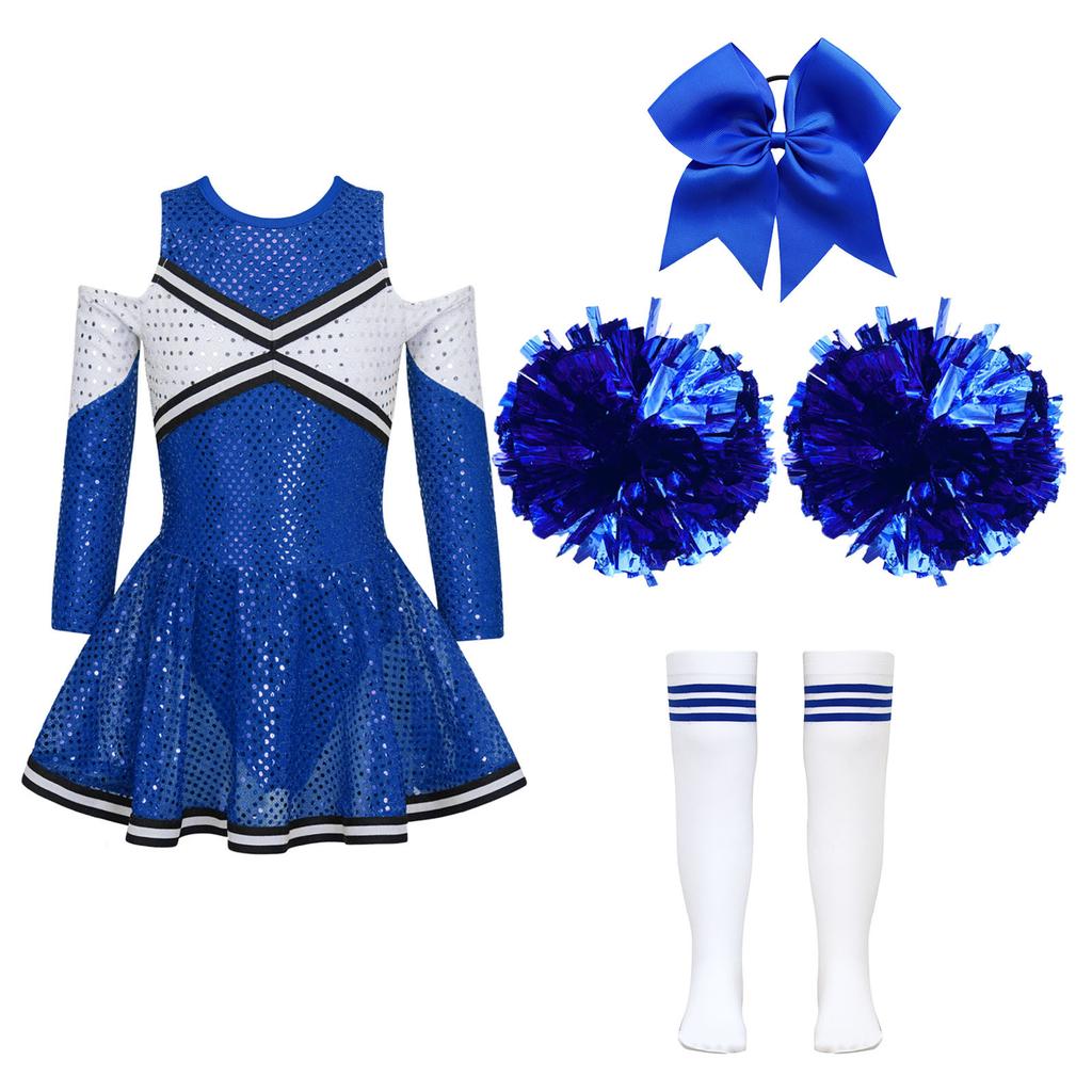 Girls Sparkling Cheerleading Outfit Off Shoulder Sequin Dress Long Sleeve Bow Headwear Hand Accessories Sport Socks