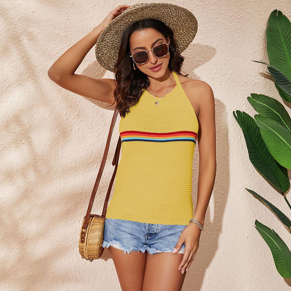 Spring and Summer Women's Vest Rainbow Colorful Hanging Neck Top Fashion Backless Knitted Tops Lace-up Undershirt Female Vest