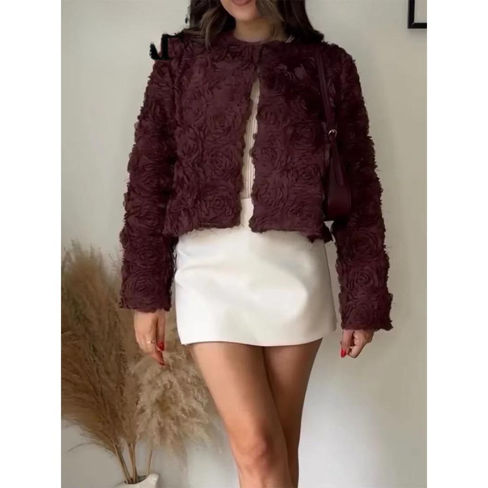 TRA&F Elegant 3D Flower Short Coats Women Fashion Long Sleeve Female Jackets 2024 Autumn Lady Y2k High Street New Outerwears