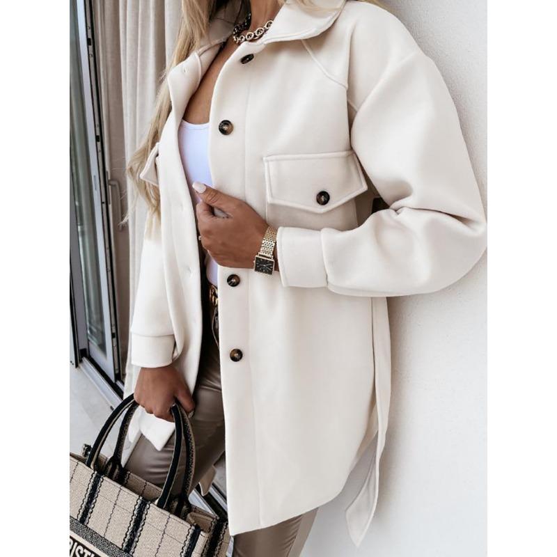 Women S Long Sleeve Solid Color Lapel Button Tie Woolen Coat