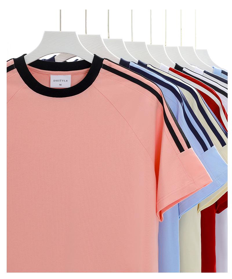 Футболка унисекс из плотного хлопка, однотонная, в американском спортивном стиле, с коротким рукавом и лентой из трех полос, летняя одежда