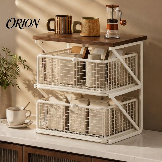 Dust Proof Storage Drawer Coffee Station Organizer with Drawer, Tiered Bar Organizer, Wooden Top Shelf, Small Desktop Furniture Wire Mesh Drawers for