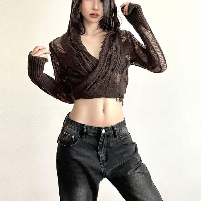 Футболка с длинными рукавами в стиле Wasteland, потертый дизайн, женская, с вырезом, короткая, с капюшоном