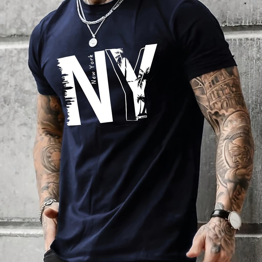 Summer Men's 100% Pure Cotton Casual Loose Plus Size NY Letter Printed Sports Comfortable Round Neck Short Sleeved T-shirt Top