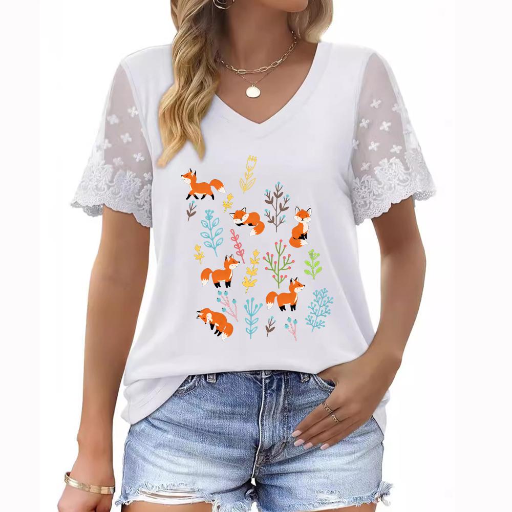 Женская летняя футболка больших размеров с V-образным вырезом, короткими рукавами, цветочным принтом и кружевными рукавами
