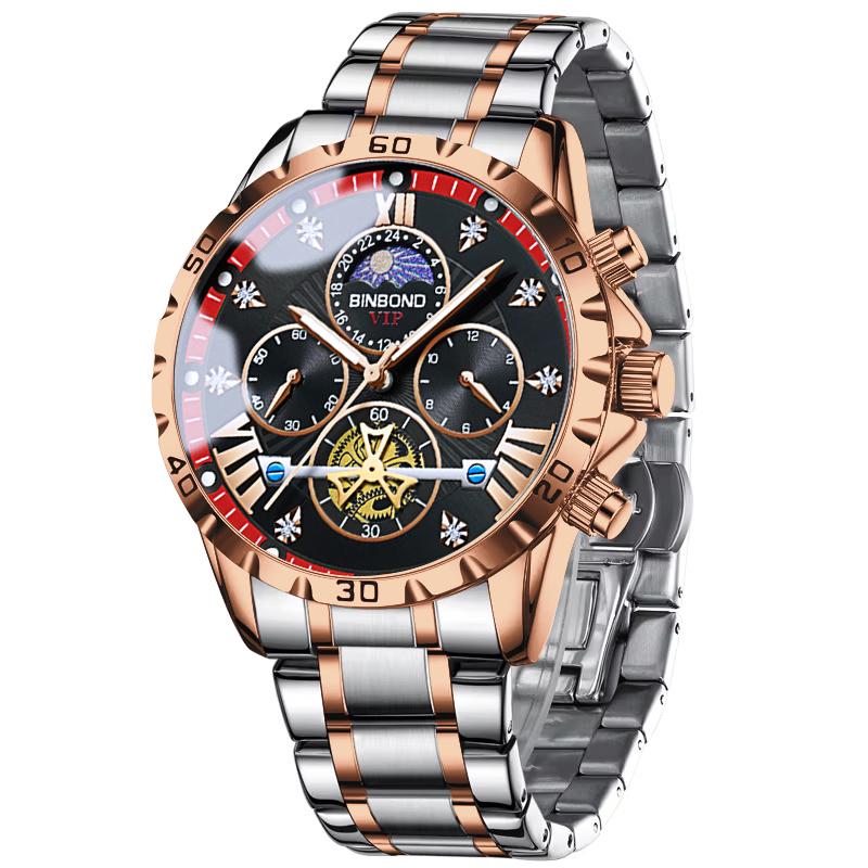 BINBOND Trend Fashion Men Watches Fine Steel Original Brand Quartz Wristwatch for Man Flywheel Chronograph Moon Phase Waterproof