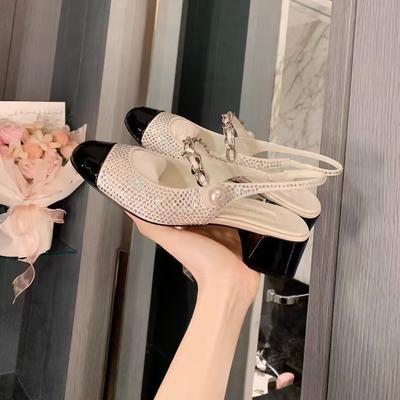 Блестящие стразы, пустой круглый носок, толстый каблук, увеличение роста и стройности, одинарные туфли с жемчужной цепочкой для женщин