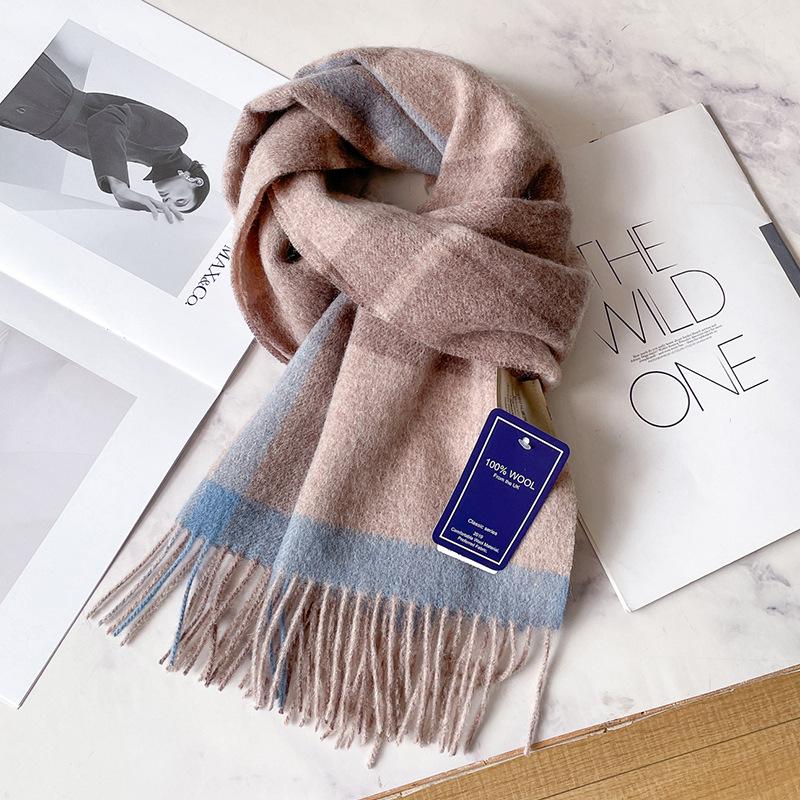 "2024 Роскошный женский шерстяной клетчатый шарф - Красочный, Теплый, Длинный с кистями для осени и зимы"