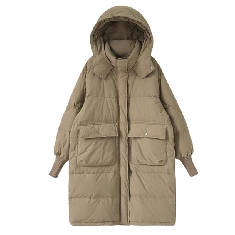New Threaded Sleeve Down Jacket Women's Medium and Long Over Knee Loose Thickened Waist Hooded White Duck Down Jacket