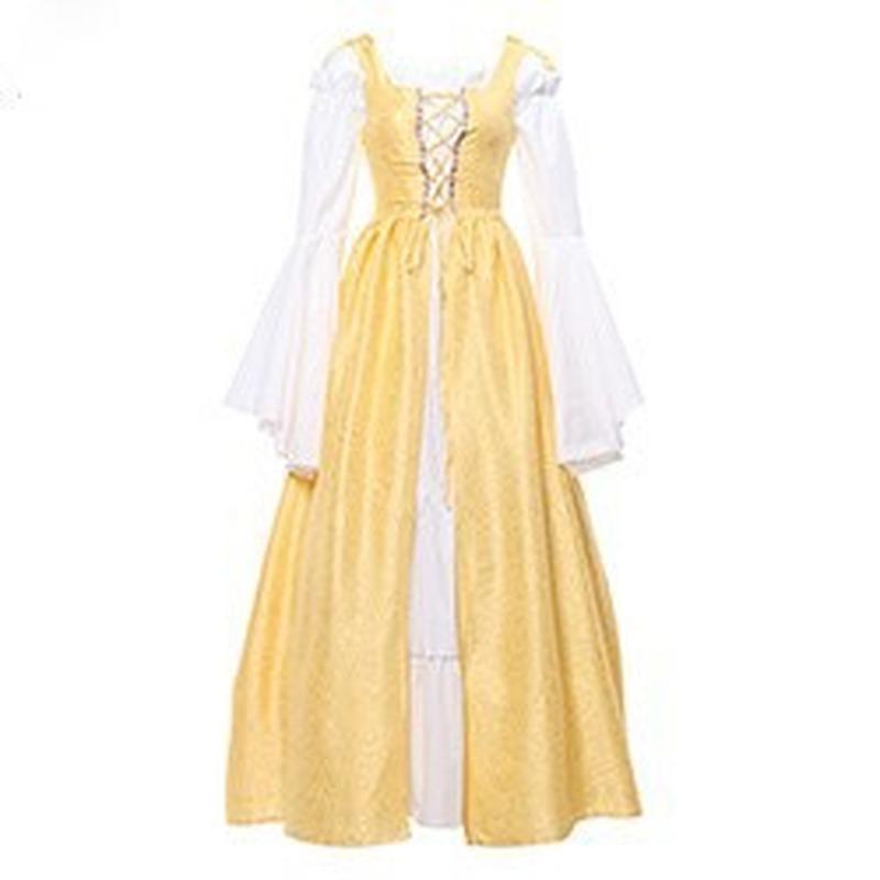S~5XL Large Size Women Retro Cosplay Dress Medieval Renaissance Retro Dress with Square Collar Bundled Waist Halloween Party