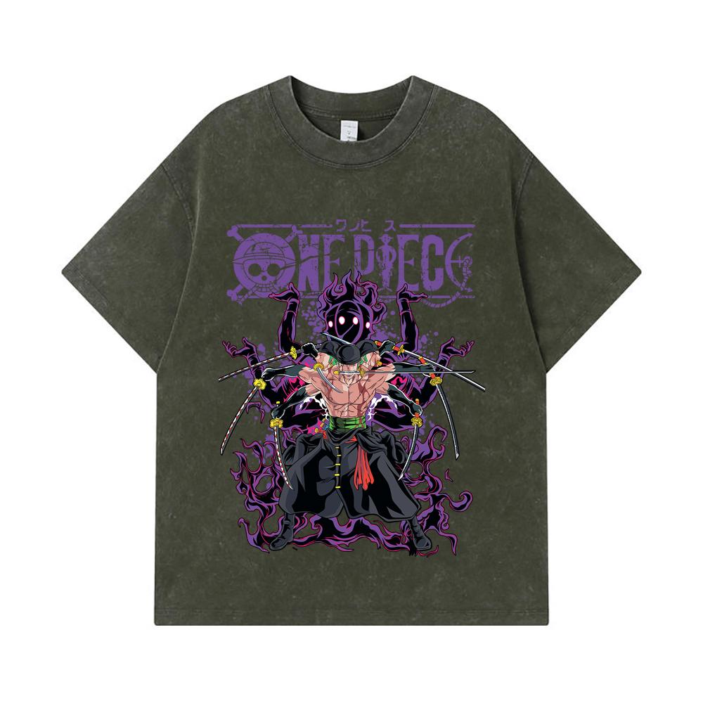 275 GSM Washed T-shirts 100% Cotton One Piece V65 Zoro Print Unisex Heavy Cotton T Shirt