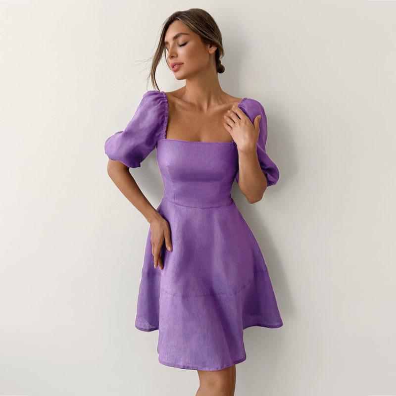 Женская мода с квадратным вырезом, коротким рукавом и высокой талией, тонкое платье, юбка, повседневные платья