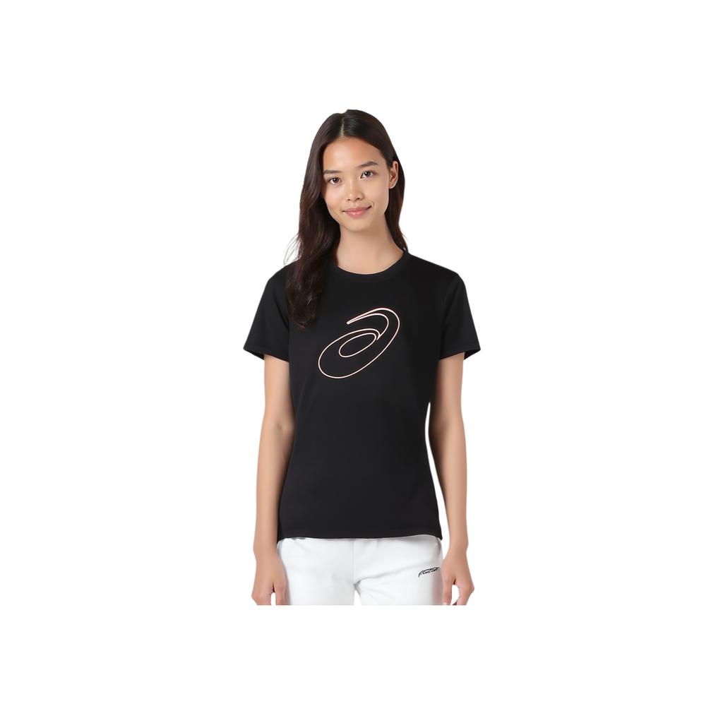 Asics Logo Print Pullover Round Neck Moisture Wicking Quick Dry Short Sleeve T-Shirt Women T-Shirt Black 2012C962-001