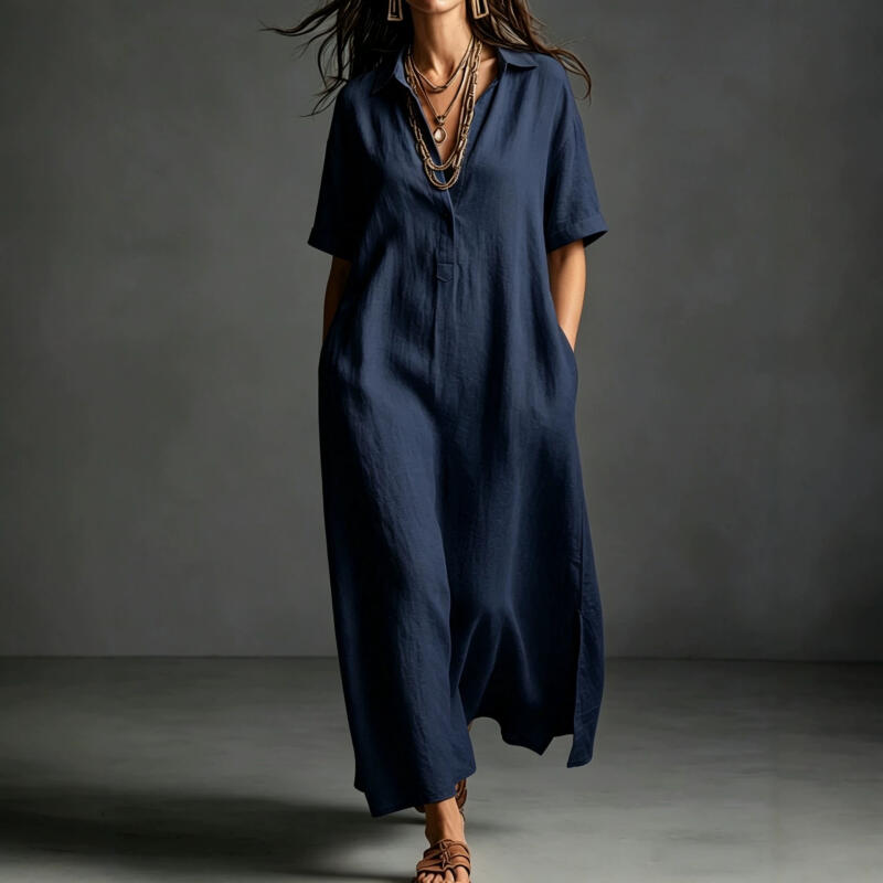 Vintage Summer Simple Casual Dress Solid Color Lapel Short Sleeved Loose Pullover Shirt for Office Dresses