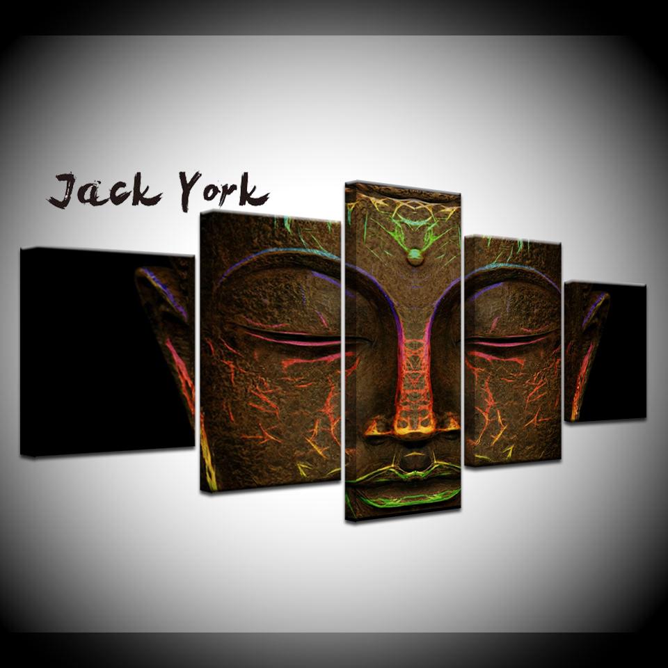 Canvas Painting glowing light bronze statue of buddha's face 5 Pieces Wall Art Painting Modular Wallpapers Poster Print Decor