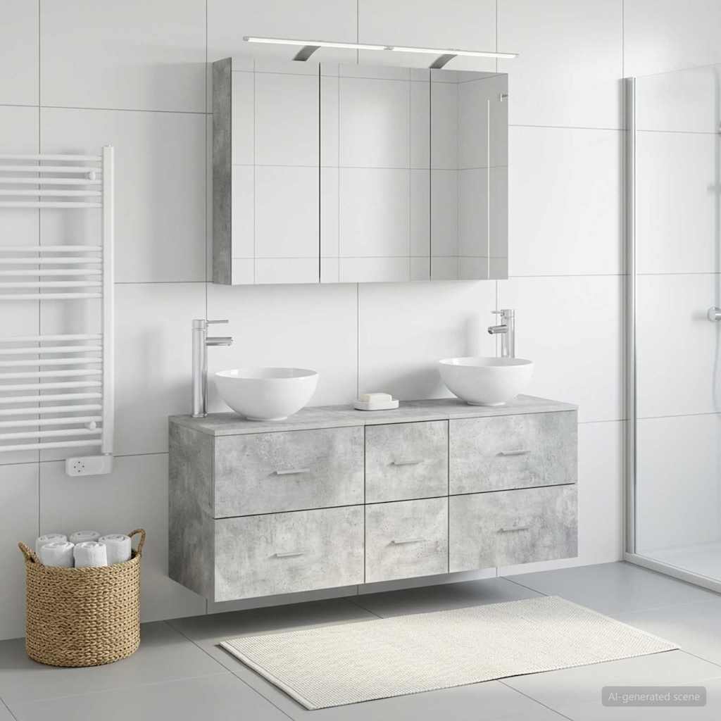 Bathroom Furniture Set 4 pcs Concrete Grey Engineered Wood and Glass