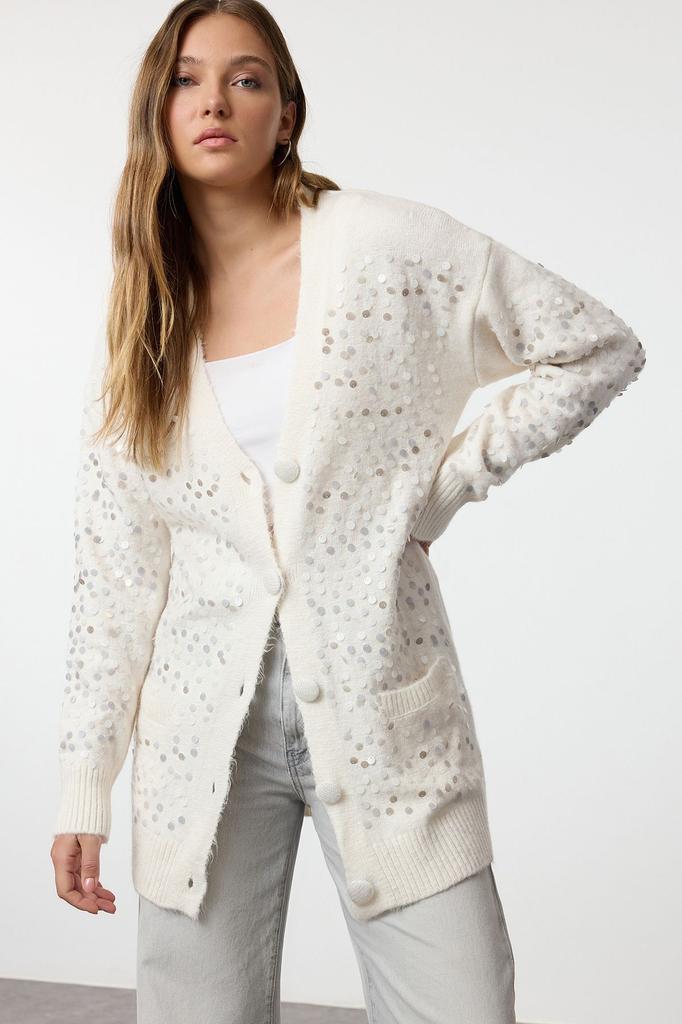 Women's Elegance Style Cardigan Stone Wool Sequin Embroidered Knitwear Cardigan