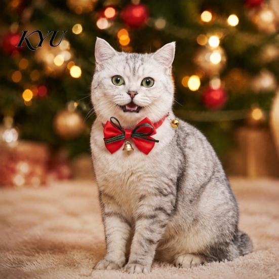 Holiday Gift for Pets Christmas Bow Pet Collar, Adjustable Cat Collar with And Bell, Festive Costume Plaid Print Cats, Small Dogs, Wear Dog Neck Strap