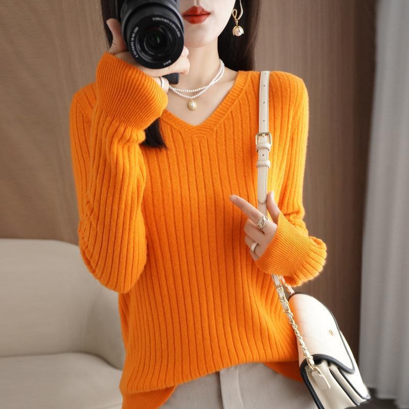 Women Sweater 2023 Autumn Winter Warm Pullover V-neck Stripe Slim Bottoming Shirts Long Sleeve Causal Korean Office Knit Jumper