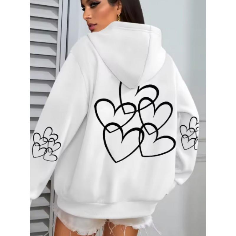 Korean Style Hooded Zip-Up Sweatshirt Women Oversized Printed Long Sleeve Pullover Winter Warm Fleece Lined Casual Top