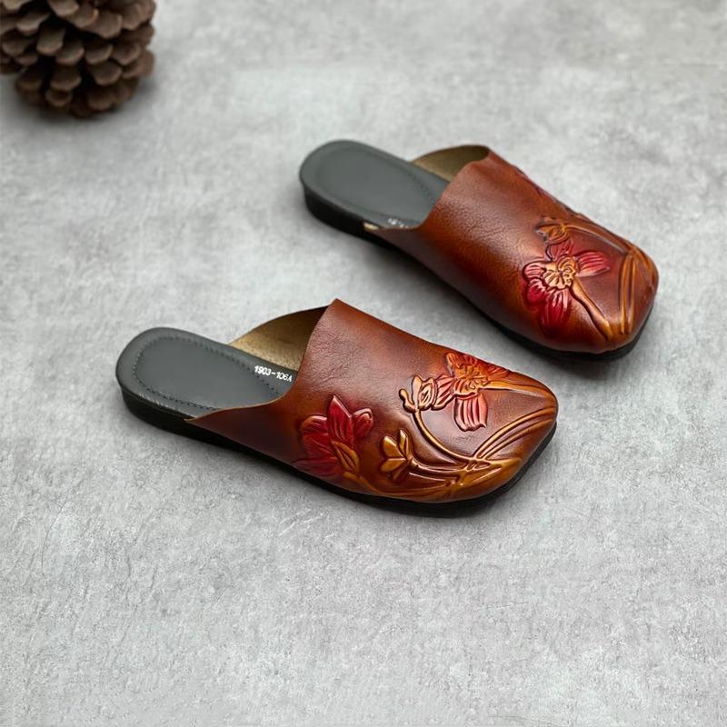 Женские винтажные тапочки ручной работы из кожи, расписанные вручную сандалии из коровьей кожи на плоской подошве