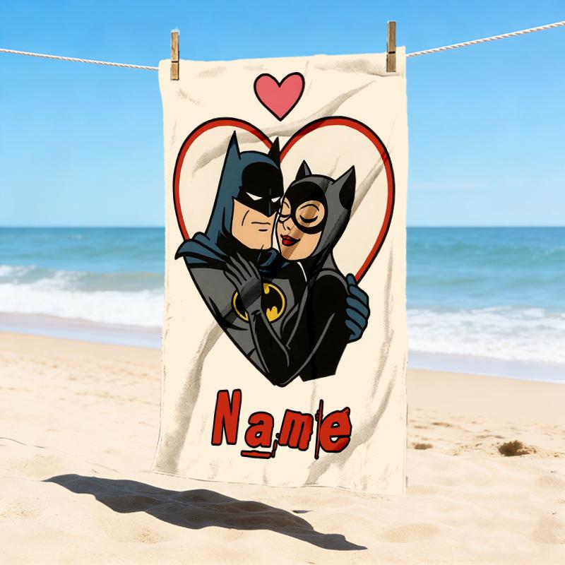 Custom Name Batman Catwoman Stylish Digital Printing Beach Towel Quick‑Drying Absorbent Blanket for Beach Pool Gym Travel