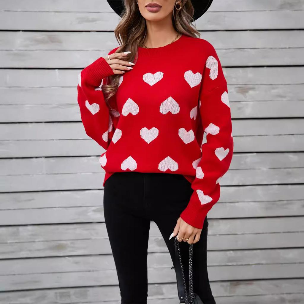 Зимний женский свитер с сердечками, пуловер с круглым вырезом на День святого Валентина, большой размер, свитер с персиковым сердечком