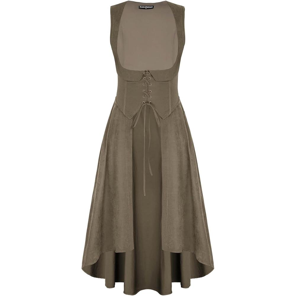 Women Renaissance Costume Underbust Pirate Peasant High Low Dress with Pockets