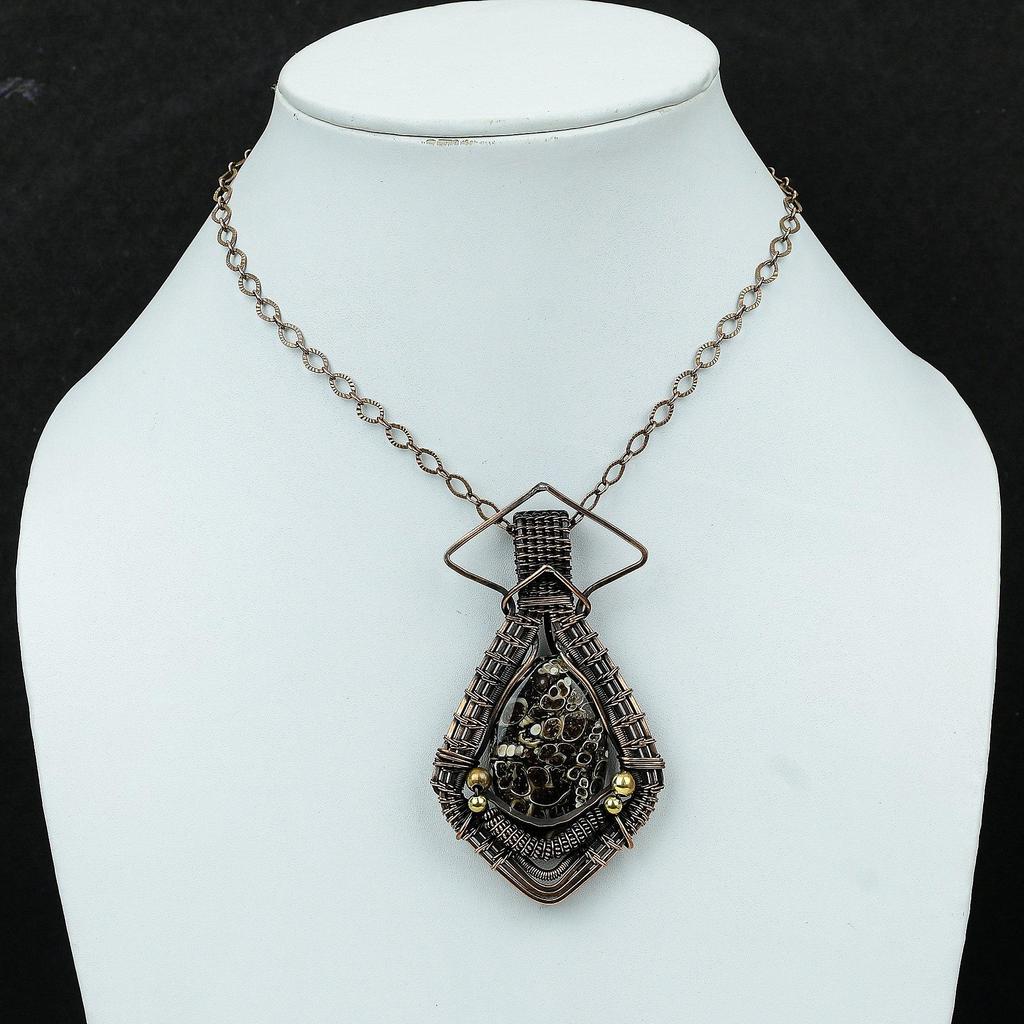 Подвеска из агата Turritella, подвеска из медной проволоки, подвеска из драгоценного камня, медные украшения, подвеска ручной работы, подарок на годовщину, ювелирные изделия, обмотанные проволокой