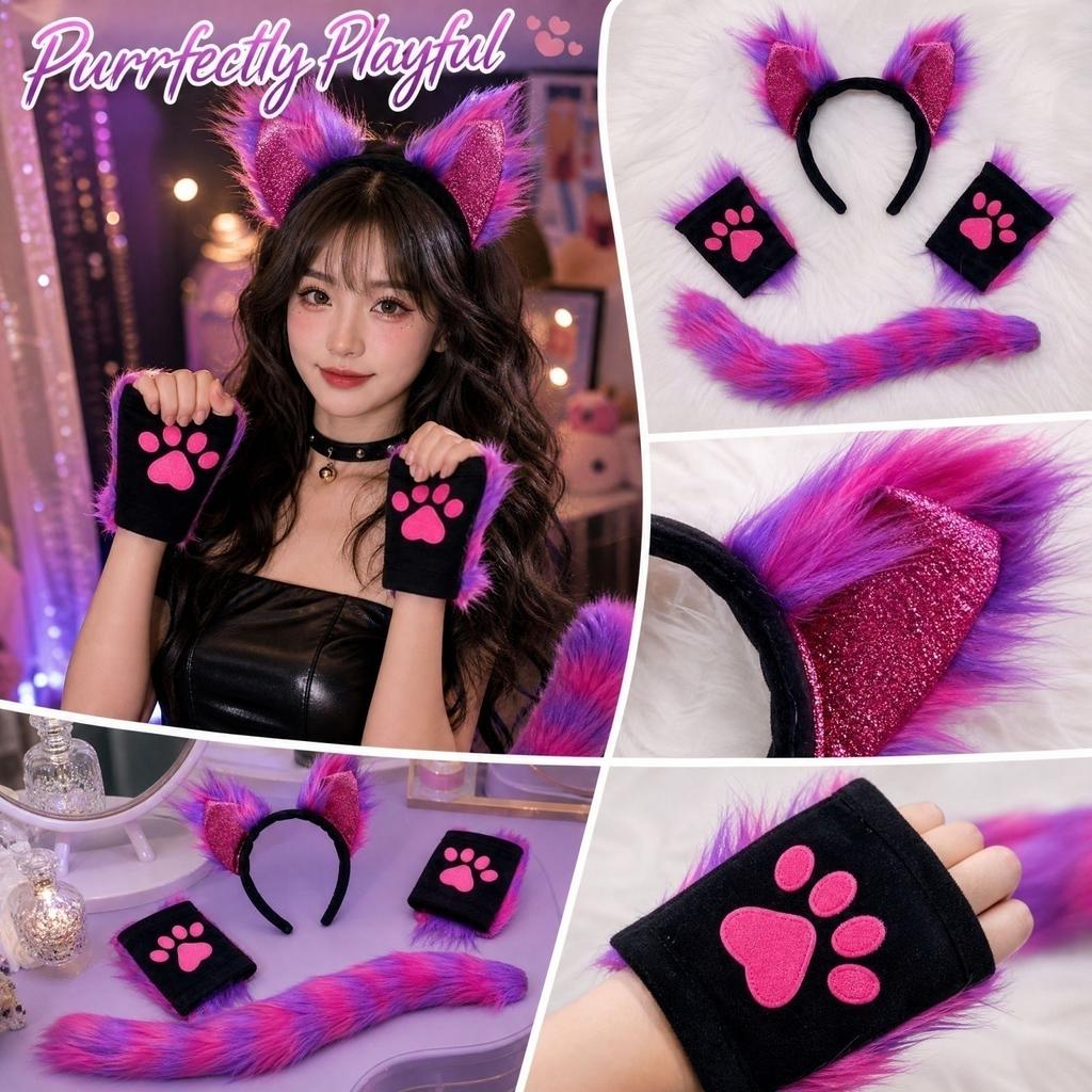 Ear Headband Gloves and Tail Set - 3 Piece Party Costume Accessory for Women