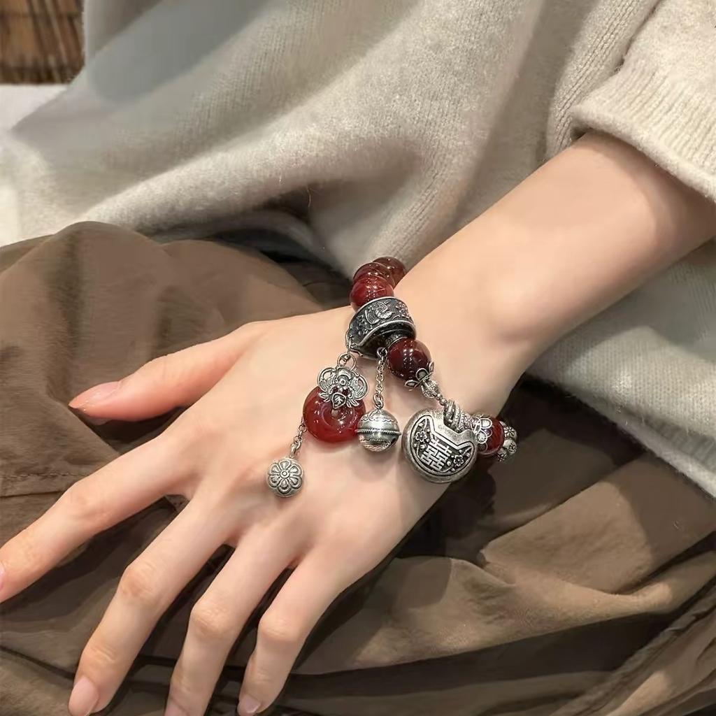 New Chinese Style Round Bead Safety Buckle Elastic Bracelet, Guochao Ethnic Double Happiness Lock Fringed Bracelet Versatile Multi-jewelry Bracelet