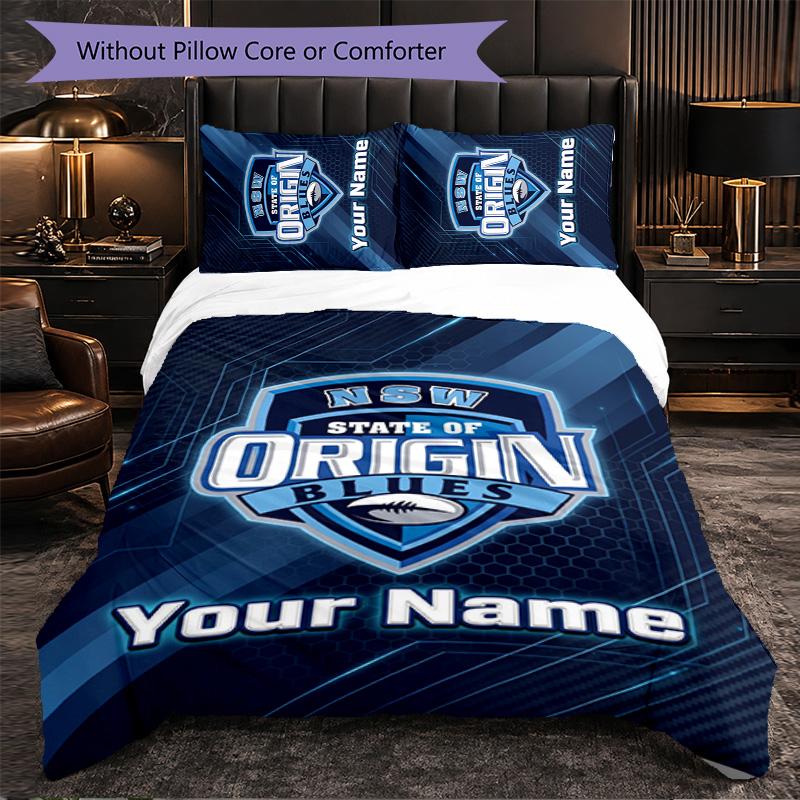 NSW Blues logo Customized Name Text Bedding Set, 1 Duvet Cover & 2 Pillowcases Personalized Bedroom Gift